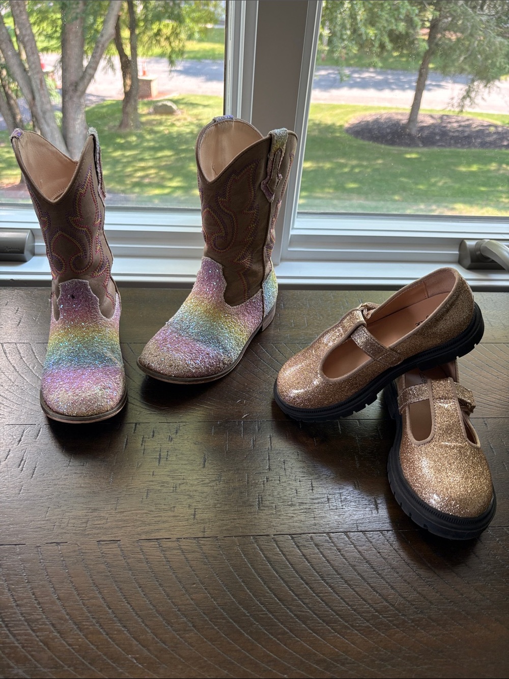 Girls Glitter Rainbow Cowgirl Boots & Rose Gold Mary Janes Set